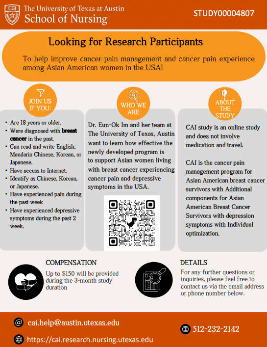 Cancer Pain Management: A Technology-based Intervention for Asian American Breast Cancer Survivors Flyer